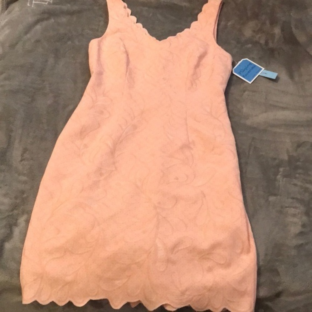 Scalloped V-Neck Pink Lace Sheath Dress